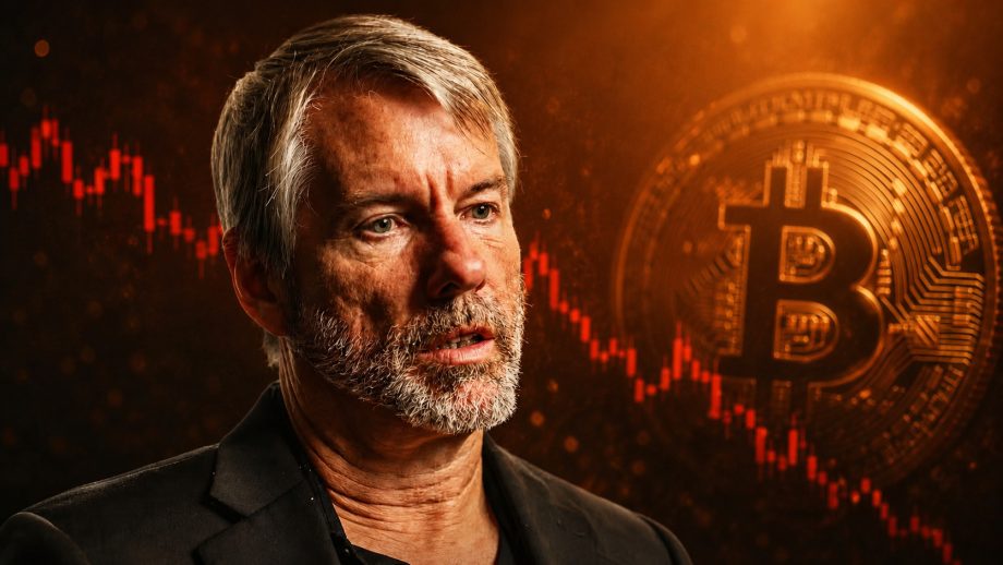 Saylor vor Bitcoin-Münze und fallendem Chart