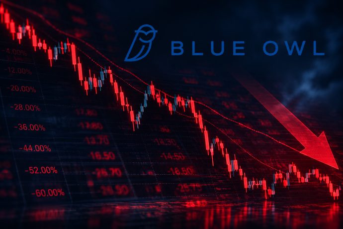Logo von Blue Owl Capital vor einem fallenden roten Börsenchart mit Abwärtspfeil.