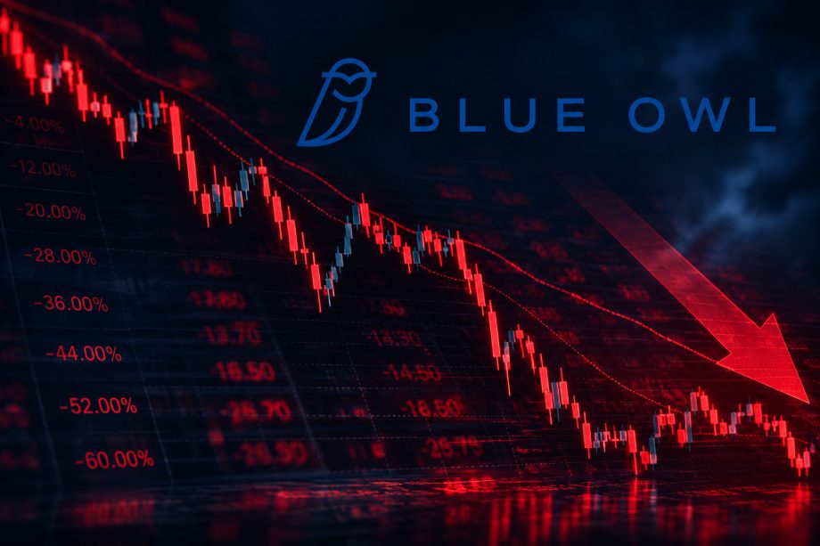 Logo von Blue Owl Capital vor einem fallenden roten Börsenchart mit Abwärtspfeil.
