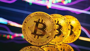 Bitcoin-Münzen vor einem lila Hintergrund