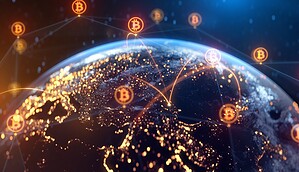 Wir sehen wie Blockchain-Transfers sichtbar gemacht werden durch Bitcoins die in einem Transaktions-Netz über die Welt gespannt sind