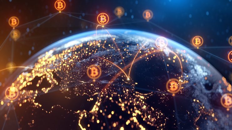 Wir sehen wie Blockchain-Transfers sichtbar gemacht werden durch Bitcoins die in einem Transaktions-Netz über die Welt gespannt sind