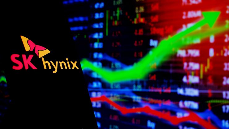 Das Bild zeigt SK Hynix vor einem Chart-Hintergrund.