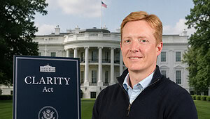 Das Bild zeigt James Butterfill, den Clarity Act und das Weiße Haus im Hintergrund