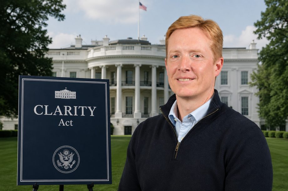 Das Bild zeigt James Butterfill, den Clarity Act und das Weiße Haus im Hintergrund