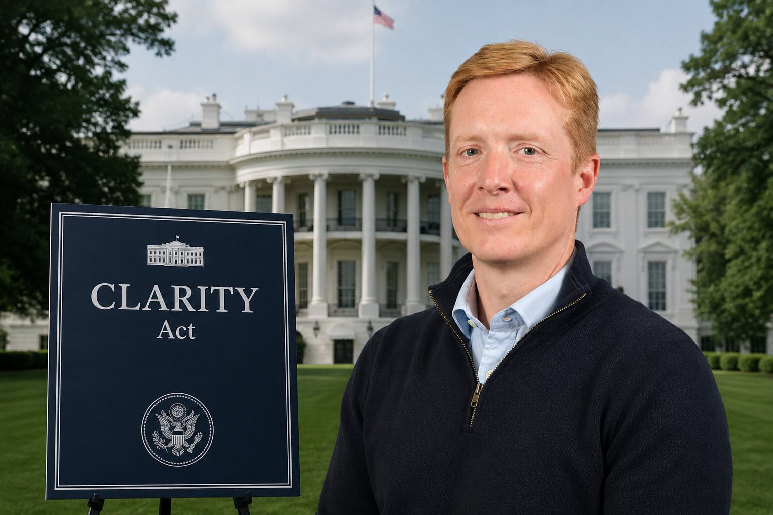 Das Bild zeigt James Butterfill, den Clarity Act und das Weiße Haus im Hintergrund