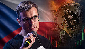 Josef Tetek vor einer Tschechien-Fahne und Bitcoin-Münze
