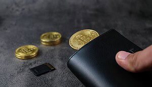 Das Bild zeigt eine Brieftasche und Bitcoin-Münzen
