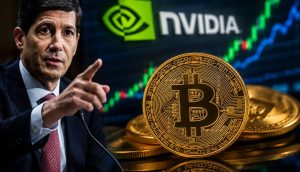 Bitcoin vor einem Kurschart mit Nvidia-Logo und einem US-Notenbanker, der auf die weitere Marktentwicklung deutet.