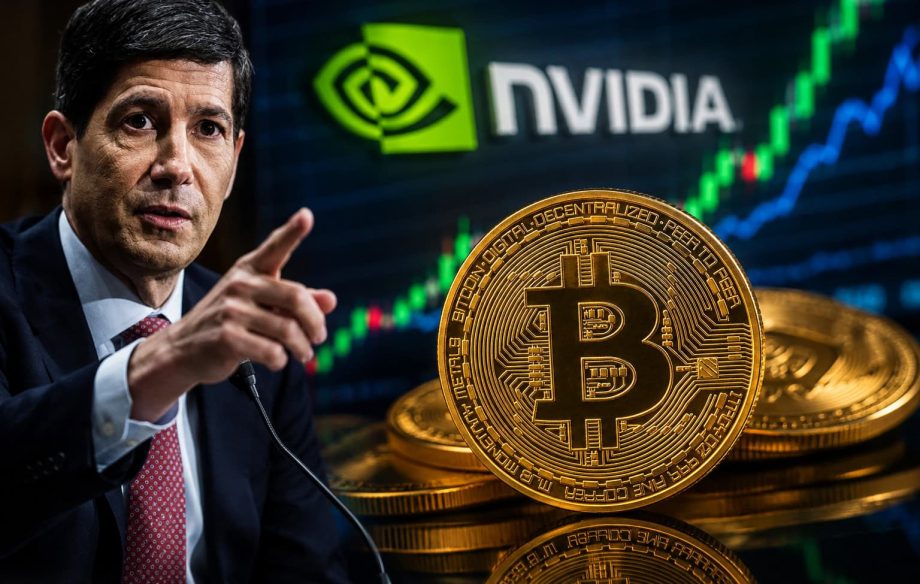 Bitcoin vor einem Kurschart mit Nvidia-Logo und einem US-Notenbanker, der auf die weitere Marktentwicklung deutet.