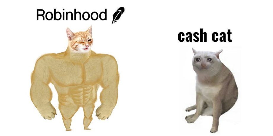 Eine muskulöse Katze steht neben einer weinenden Katze. Über der ersten steht Robinhood über der zweiten Cash Cat.