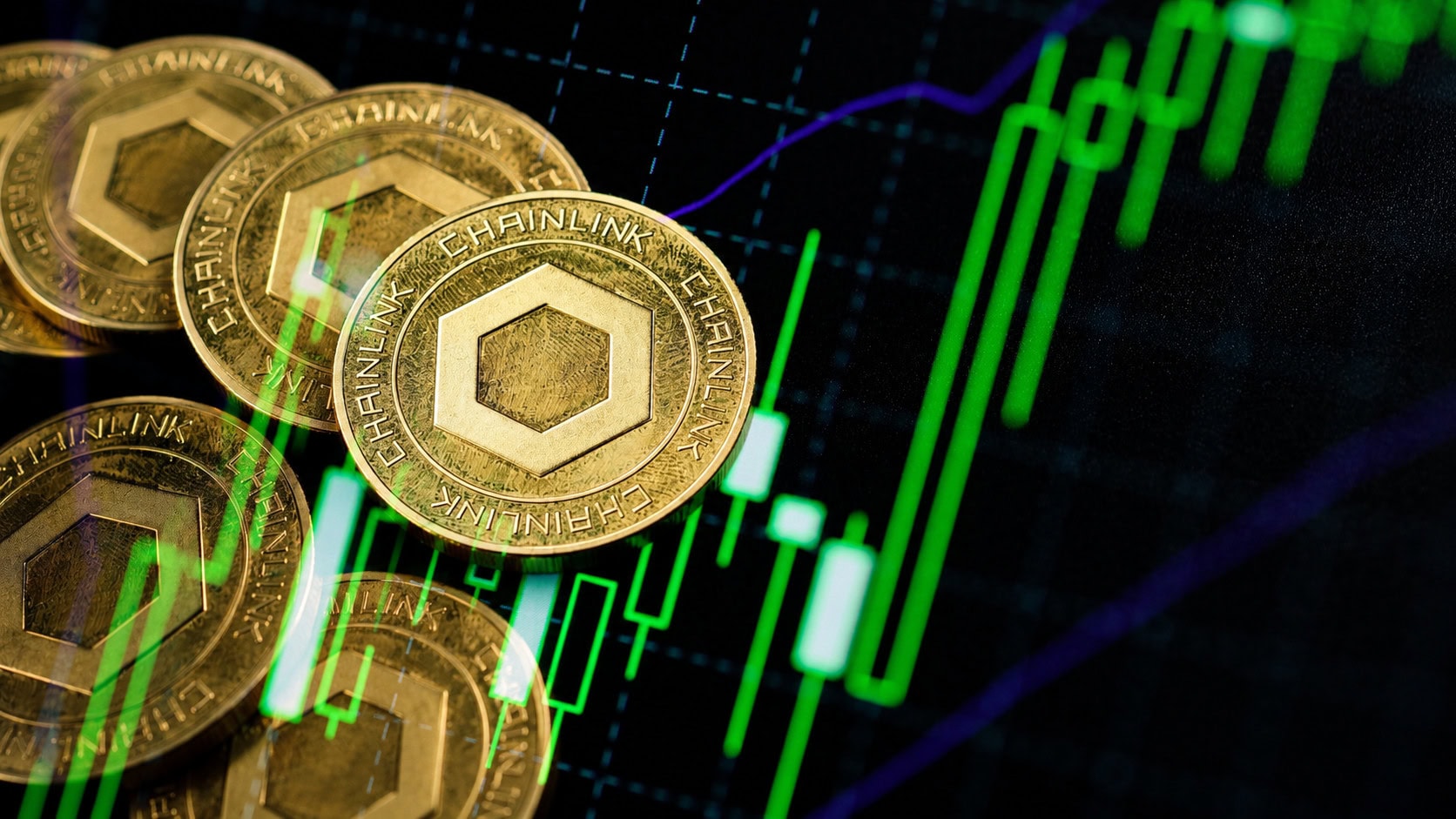 Chainlink-Münzen auf grünem Chartbild