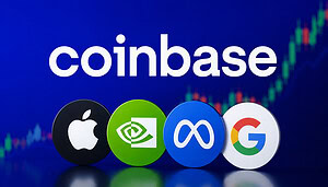 Coinbase-Logo mit den Logos von Apple, Nvidia, Meta und Alphabet vor einem angedeuteten Aktienchart.