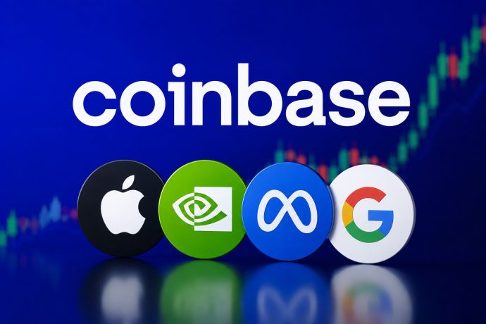 Coinbase-Logo mit den Logos von Apple, Nvidia, Meta und Alphabet vor einem angedeuteten Aktienchart.
