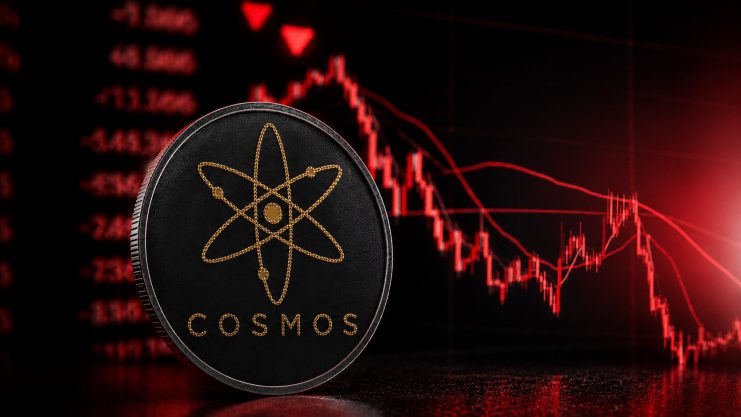 Cosmos (ATOM) Coin vor einem roten, fallenden Krypto-Kurschart.