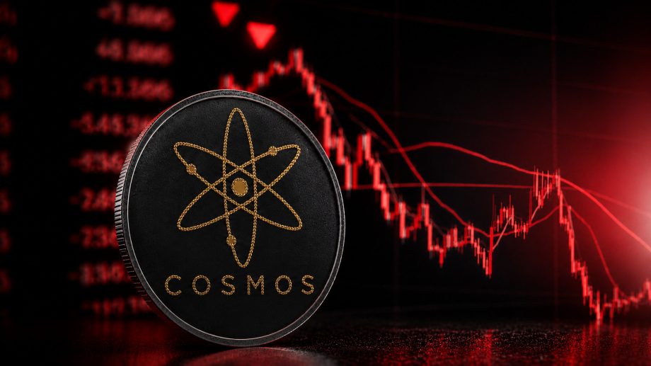 Cosmos (ATOM) Coin vor einem roten, fallenden Krypto-Kurschart.