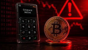 Coldcard-Hardware-Wallet neben einer Bitcoin-Münze vor rotem Hintergrund mit Warnsymbol als Symbolbild für den Coldcard-Hack.
