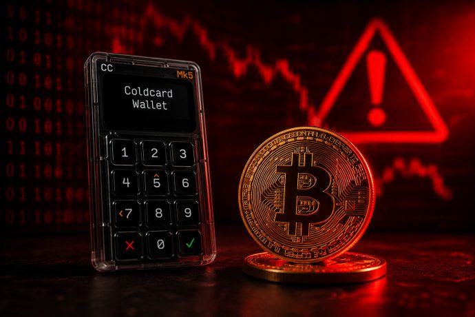 Coldcard-Hardware-Wallet neben einer Bitcoin-Münze vor rotem Hintergrund mit Warnsymbol als Symbolbild für den Coldcard-Hack.
