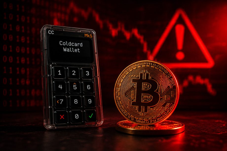 Coldcard-Hardware-Wallet neben einer Bitcoin-Münze vor rotem Hintergrund mit Warnsymbol als Symbolbild für den Coldcard-Hack.
