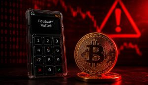 Coldcard-Hardware-Wallet neben einer Bitcoin-Münze vor rotem Hintergrund mit Warnsymbol als Symbolbild für den Coldcard-Hack.