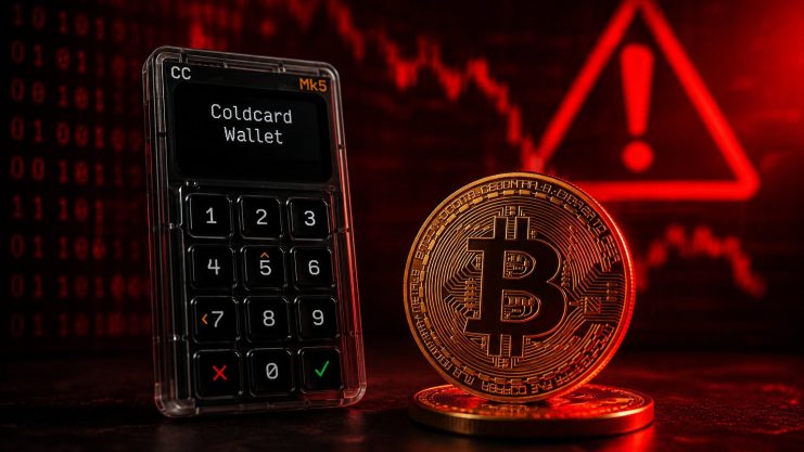Coldcard-Hardware-Wallet neben einer Bitcoin-Münze vor rotem Hintergrund mit Warnsymbol als Symbolbild für den Coldcard-Hack.