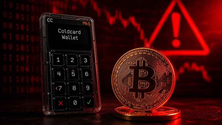 Coldcard-Hardware-Wallet neben einer Bitcoin-Münze vor rotem Hintergrund mit Warnsymbol als Symbolbild für den Coldcard-Hack.