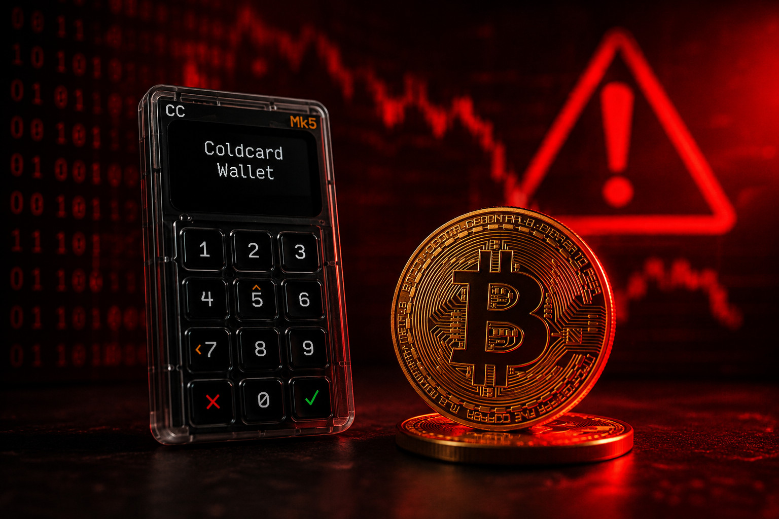 Coldcard-Hardware-Wallet neben einer Bitcoin-Münze vor rotem Hintergrund mit Warnsymbol als Symbolbild für den Coldcard-Hack.
