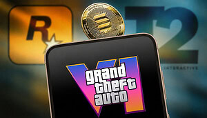 Smartphone mit GTA-VI-Logo vor unscharfen Rockstar- und R2-Symbolen; darüber ist eine scharf dargestellte goldene Solana-Münze zu sehen.