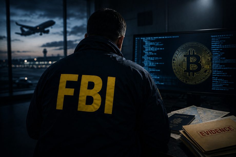 Ein FBI-Agent sitzt vor einem Computer mit Bitcoin-Grafik, während im Hintergrund ein Flugzeug startet. Das Symbolbild steht für den mutmaßlichen Diebstahl von Kryptowährungen und geplante Auslandsreisen eines FBI-Ermittlers.