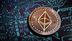 Eine Ethereum-Münze auf einer Platine.