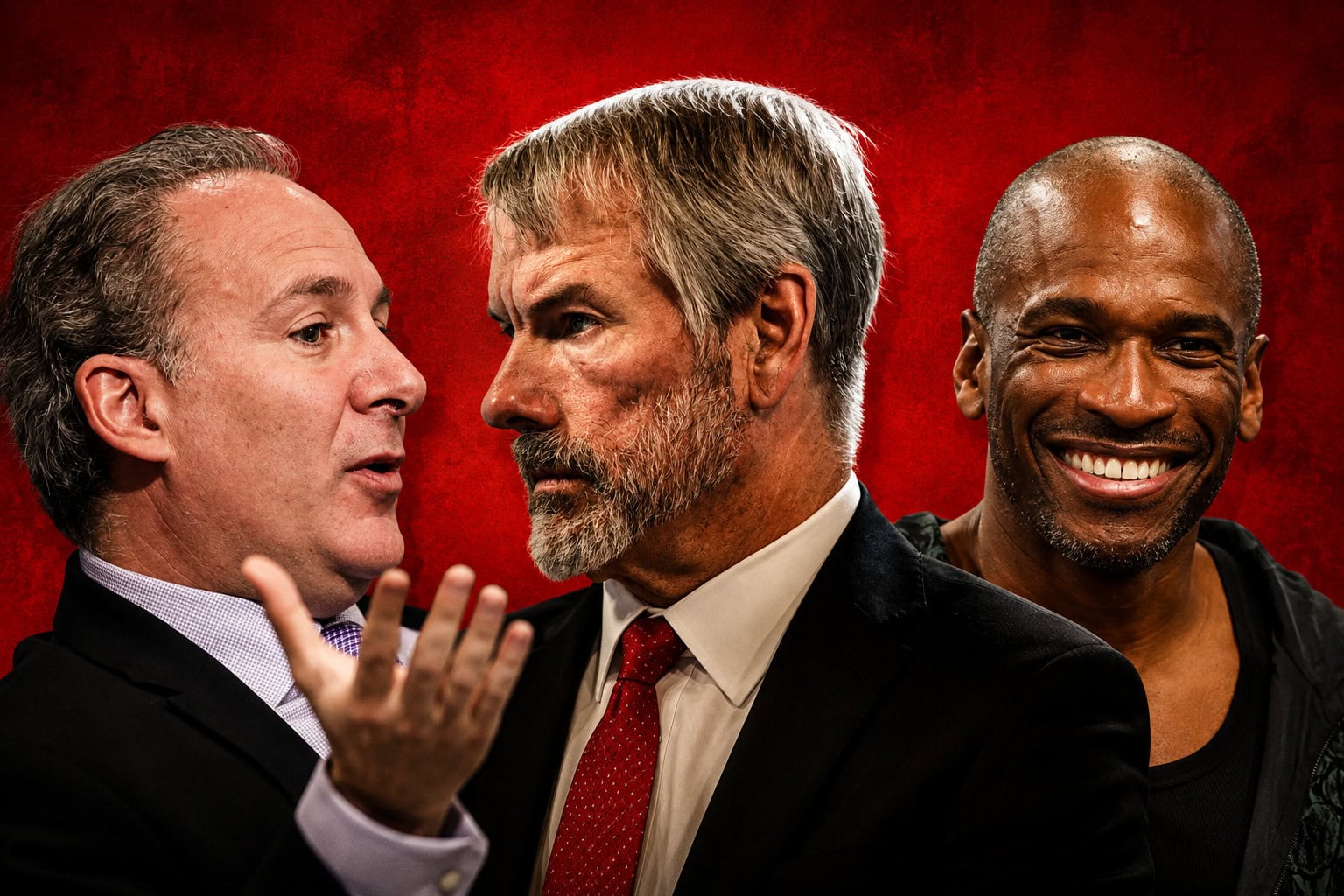 Michael Saylor zwischen Arthur Hayes und Peter Schiff vor rotem Hintergrund im Streit um MicroStrategy.