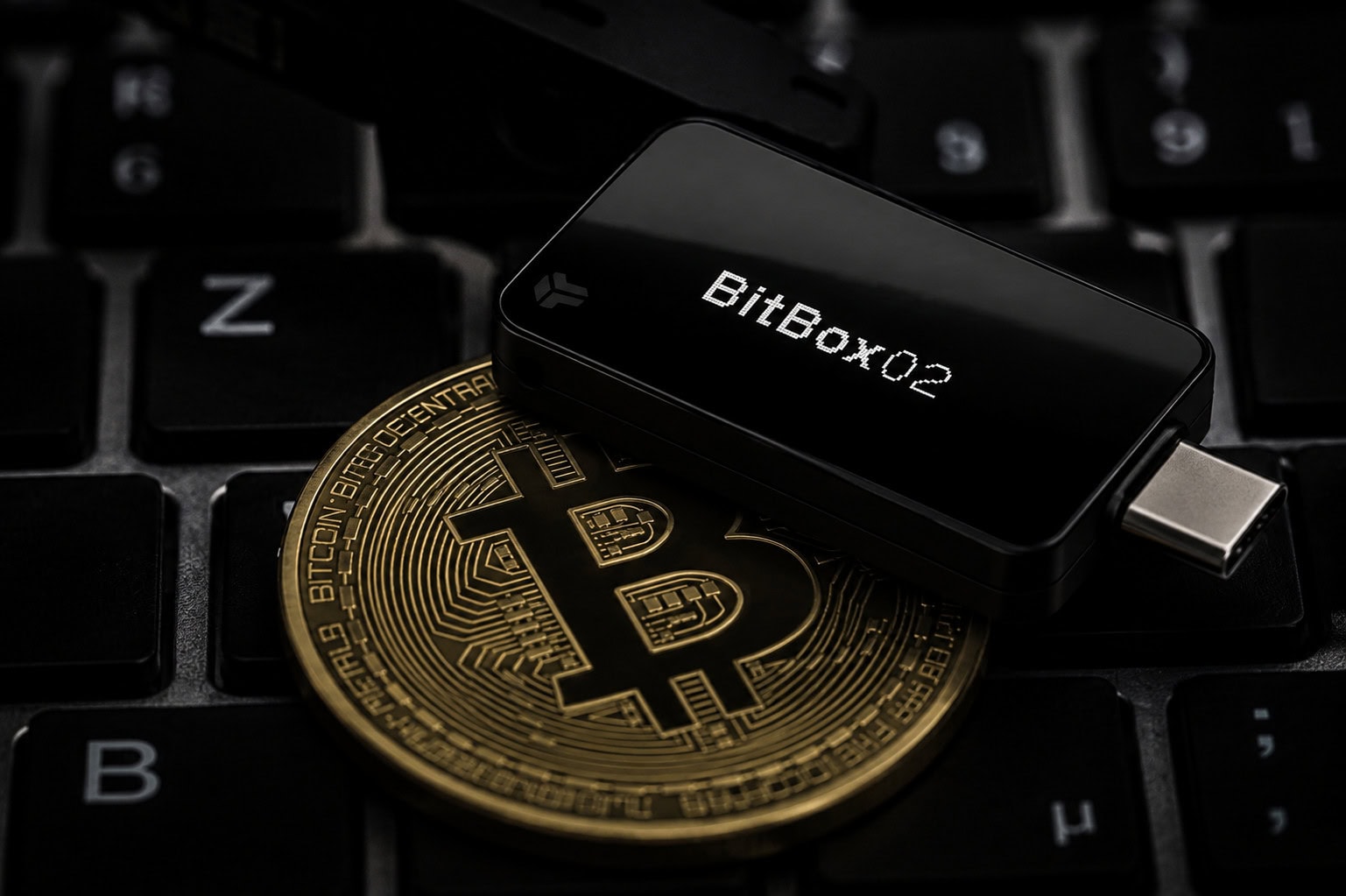 Das Bild zeigt eine Bitcoin-Münze und die BitBox02.