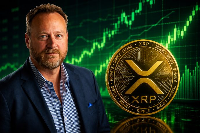 Steven McClurg mit einer XRP-Münze und grünem Hintergrund.