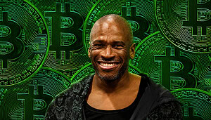 Arthur Hayes vor einem Hintergrund aus grünen Bitcoin-Münzen.