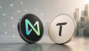 NEAR- und TAO-Token vor einem KI-Netzwerk.