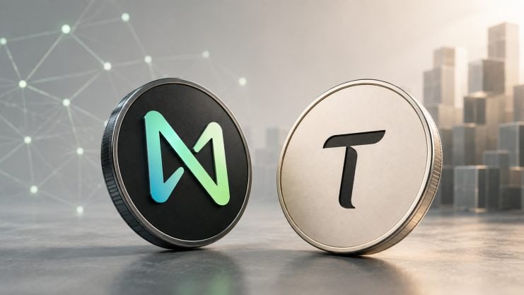 NEAR- und TAO-Token vor einem KI-Netzwerk.