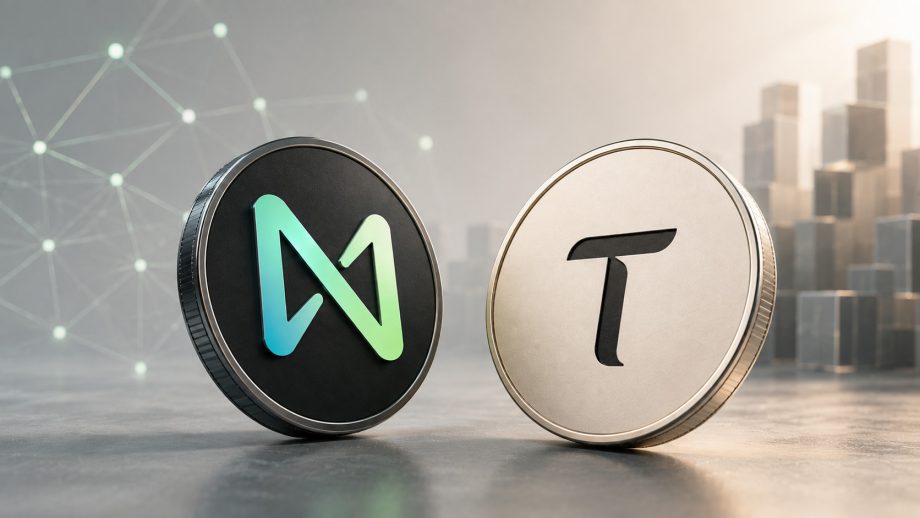 NEAR- und TAO-Token vor einem KI-Netzwerk.