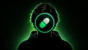 Dunkles Querformat-Porträt einer Person im schwarzen Hoodie. Das Gesicht wird vollständig vom leuchtend grünen Pump.fun-Logo verdeckt, umgeben von einem neon-grünen Lichtschein vor schwarzem Hintergrund.