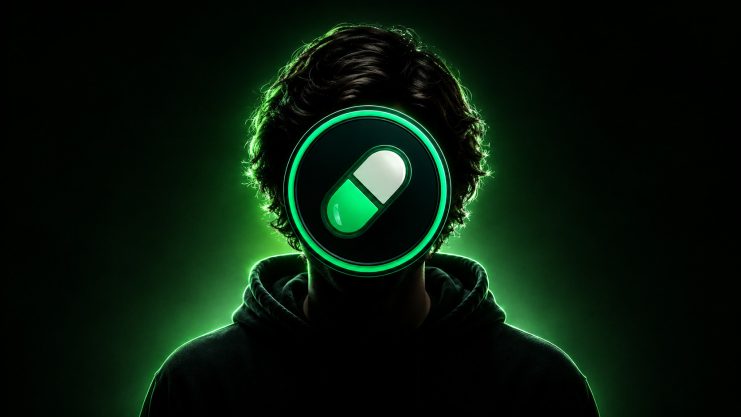 Dunkles Querformat-Porträt einer Person im schwarzen Hoodie. Das Gesicht wird vollständig vom leuchtend grünen Pump.fun-Logo verdeckt, umgeben von einem neon-grünen Lichtschein vor schwarzem Hintergrund.