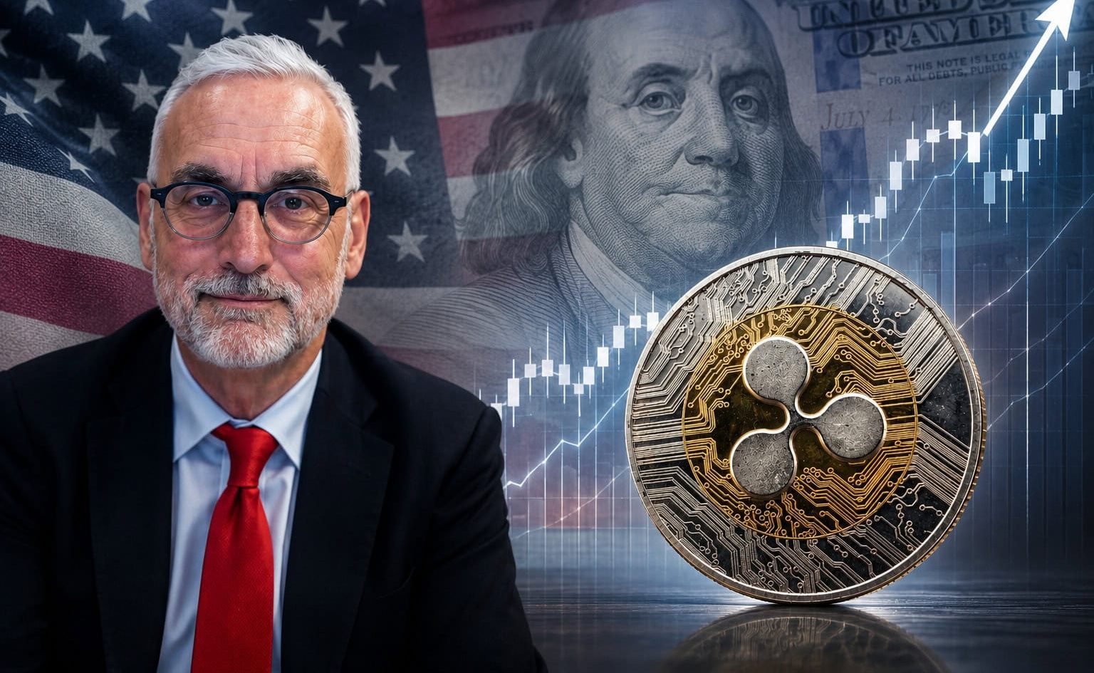 Stuart Alderoty, Chief Legal Officer von Ripple, vor einer XRP-Münze, einer US-Flagge und einem steigenden Kurschart.