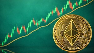 Eine Ethereum-Münze vor einem grünen Candlestick-Chart