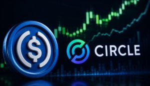 USDC-Coin und Circle-Logo vor einem steigenden Kurschart, der die positive Entwicklung des Stablecoins und der Circle-Aktie symbolisiert.