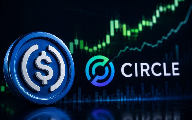 USDC-Coin und Circle-Logo vor einem steigenden Kurschart, der die positive Entwicklung des Stablecoins und der Circle-Aktie symbolisiert.