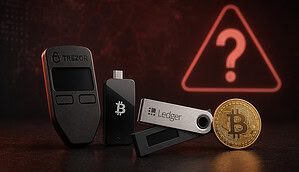 Hardware Wallets von Trezor, BitBox und Ledger neben einer Bitcoin-Münze vor einem roten Hintergrund mit großem Fragezeichen.