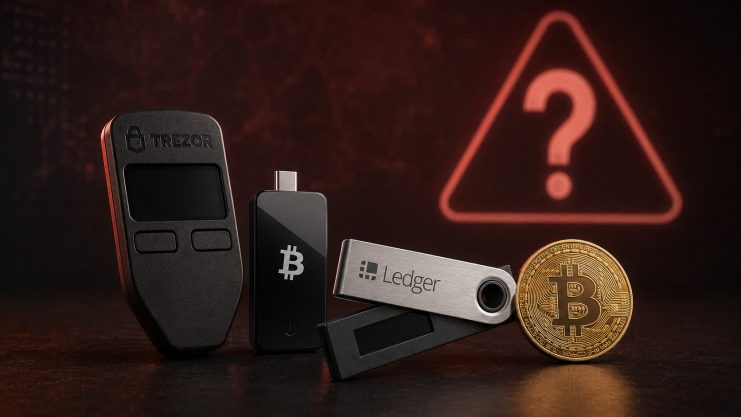 Hardware Wallets von Trezor, BitBox und Ledger neben einer Bitcoin-Münze vor einem roten Hintergrund mit großem Fragezeichen.
