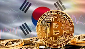 Das Bild zeigt eine Bitcoin-Münze und die südkoreanische Flagge