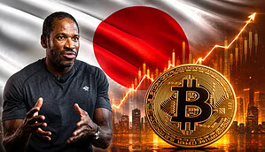 Arthur Hayes vor Bitcoin-Münze und Japan-Flagge