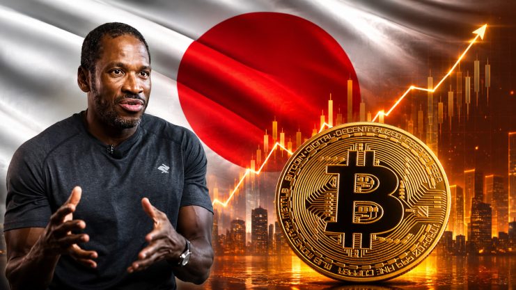 Arthur Hayes vor Bitcoin-Münze und Japan-Flagge
