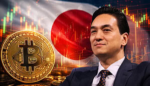 Metaplanet-CEO vor Bitcoin-Münze und Japan-Fahne