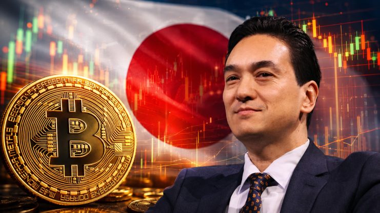 Metaplanet-CEO vor Bitcoin-Münze und Japan-Fahne
